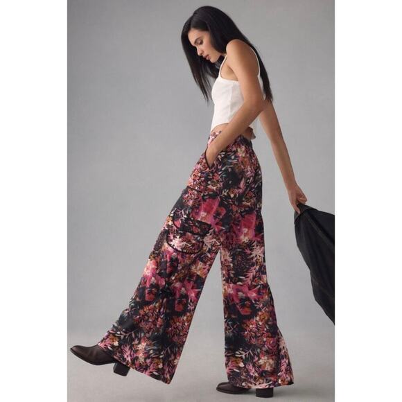 Anthropologie Palazzo Utility Cargo Pant $140 Pink Black Floral Flowy Size 10 - Picture 16 of 16